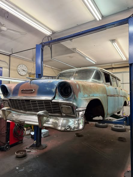 1956 Chevy wagon in the shop during a full brake system overhaul